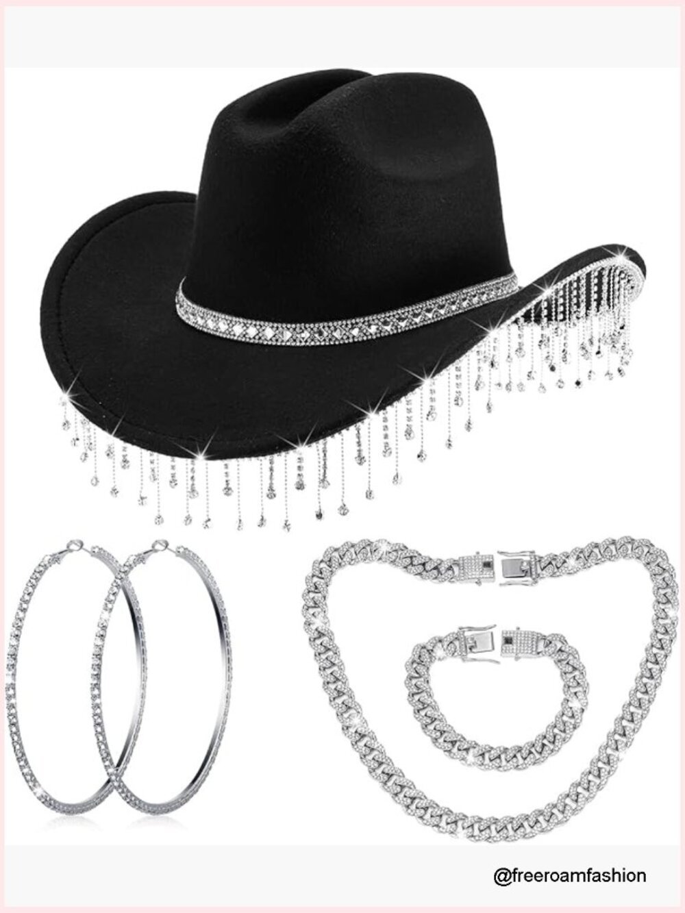 Cowboy Hat with Rhinestone Jewelry Set - Western Costume
